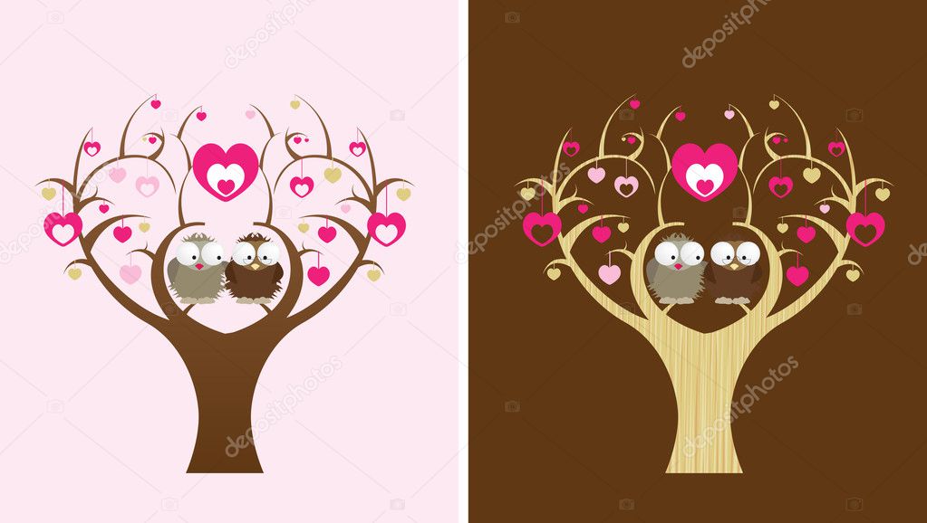 2 owls sit in a love tree, 2 colour options