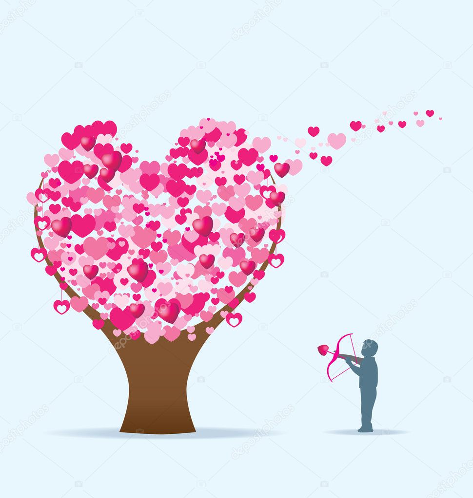 A person shoots hearts into a tree of love