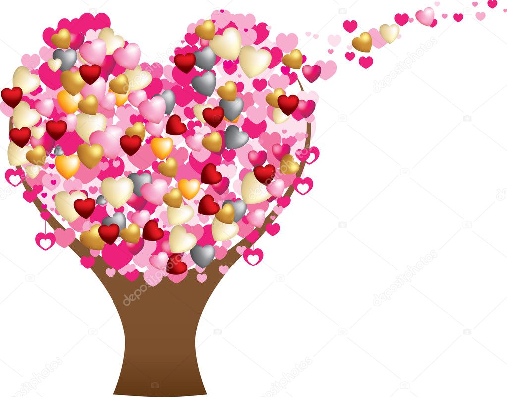 Detailed flat and 3d hearts forming the shape of a love tree