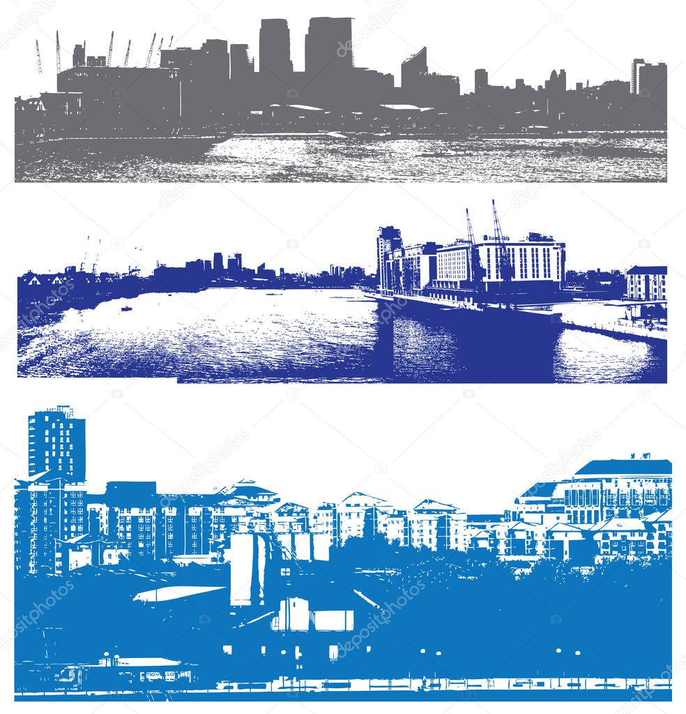 London skyline as viewed from the docklands in a grunge urban style