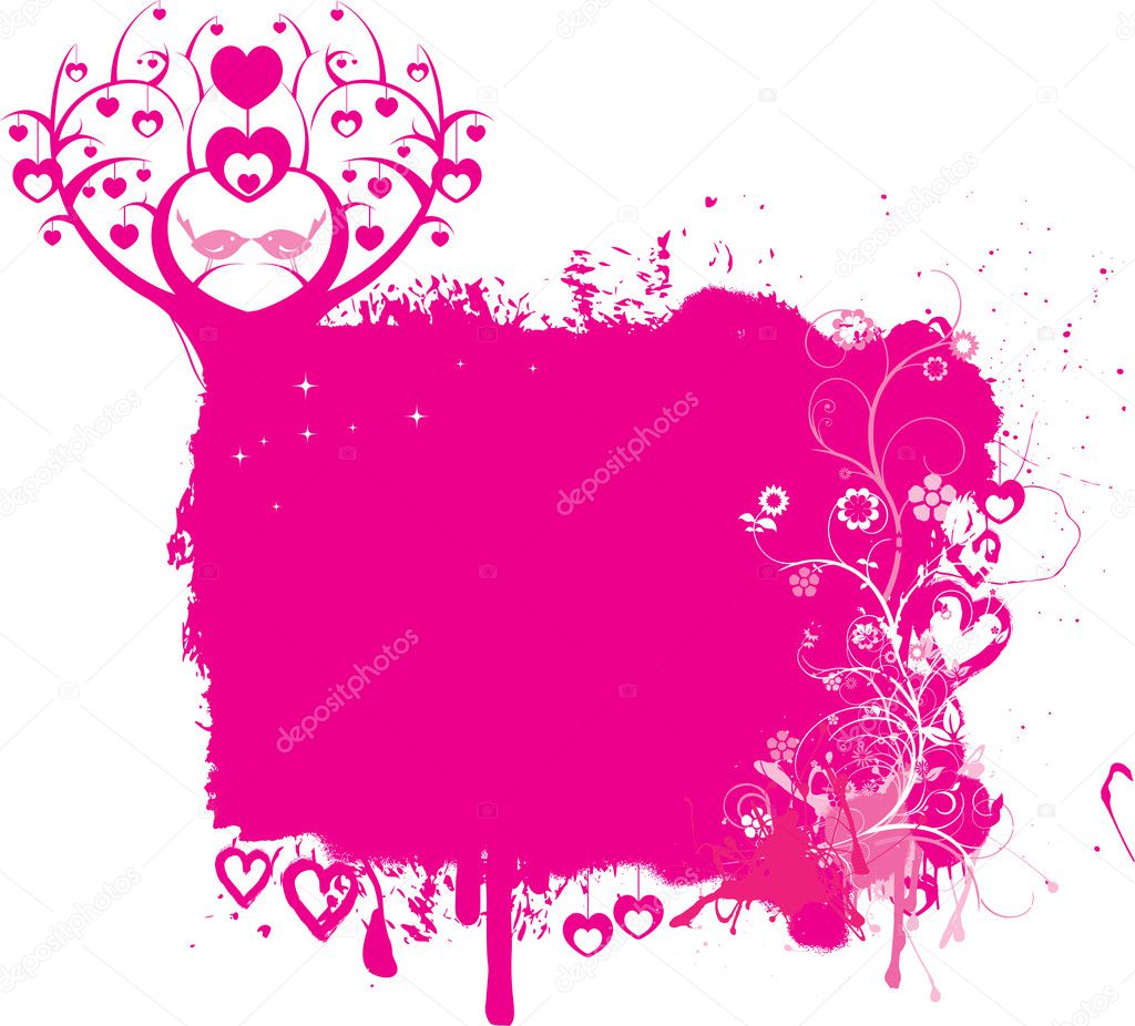Pink floral and grunge background with love birds in a a tree