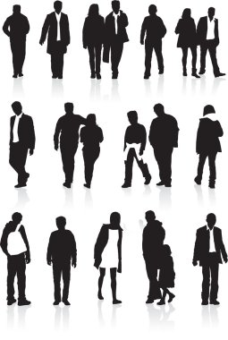 A group of black silhouettes, highly detailed of in different walking positions clipart