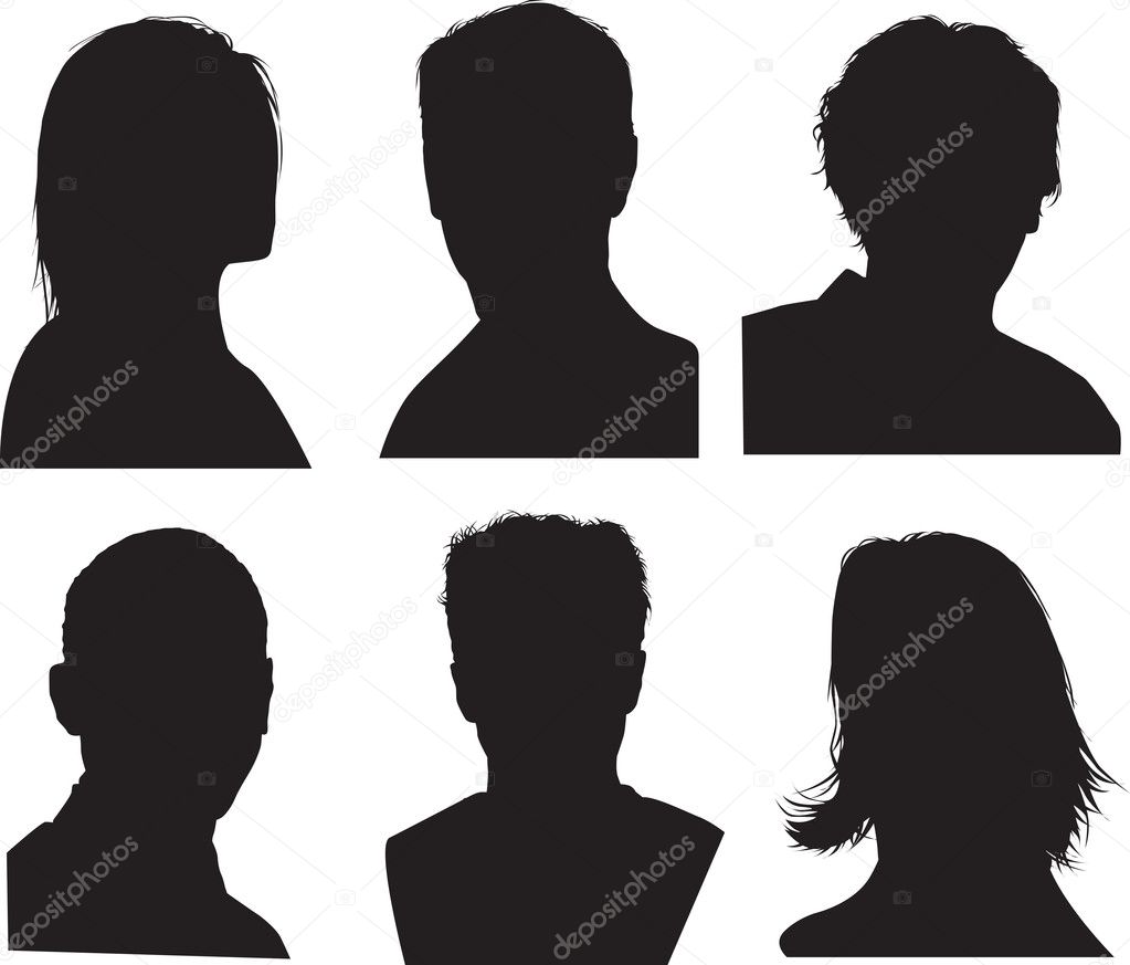Set of silhouettes of heads, highly detailed in black