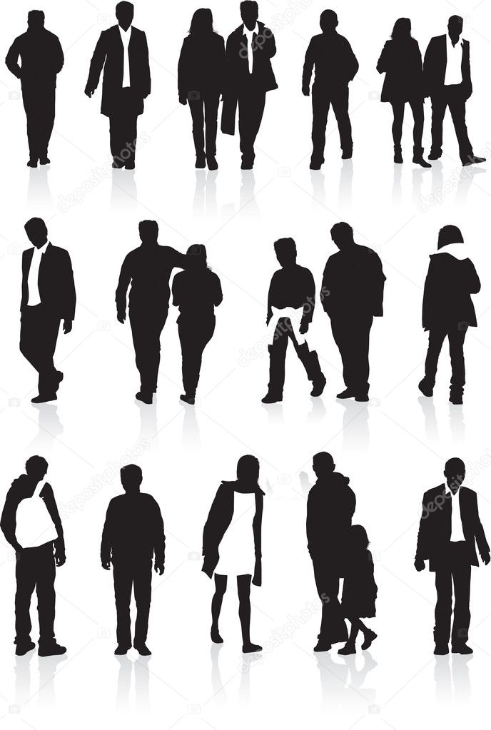 A group of black silhouettes, highly detailed of in different walking positions