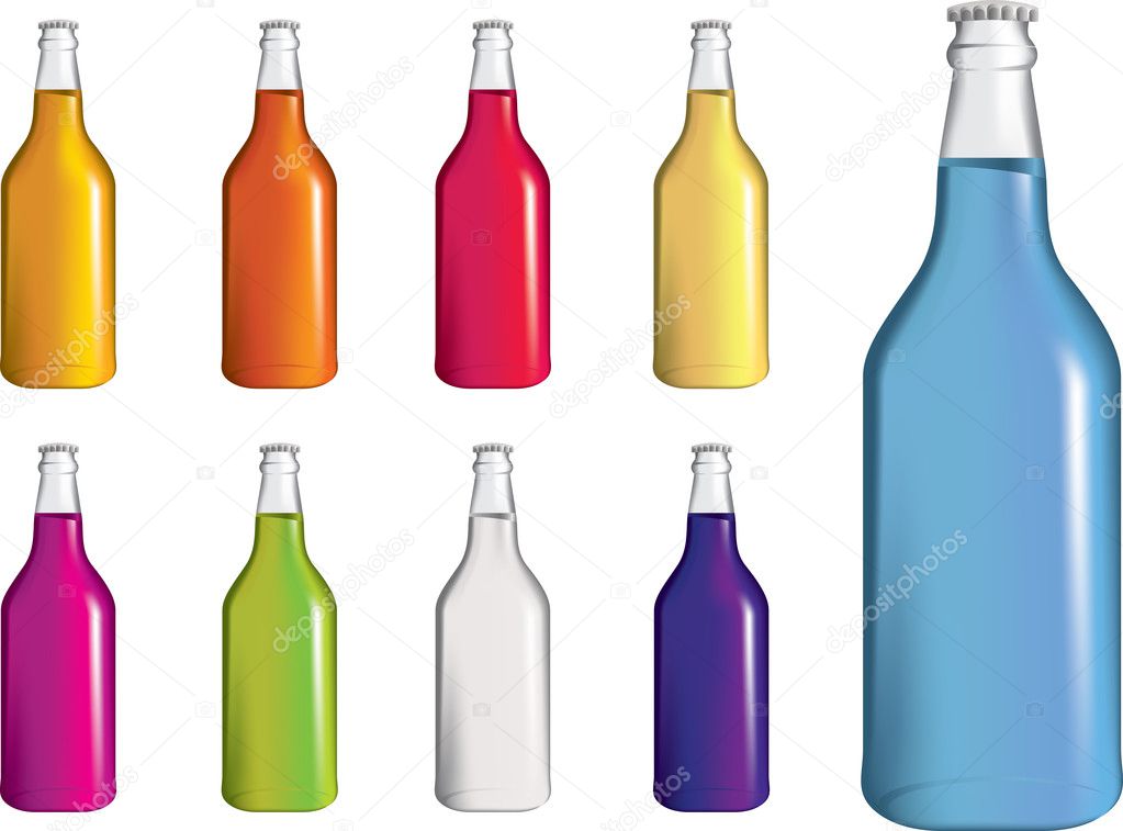 Selection of brightly coloured fizzy or soda bottles on white background