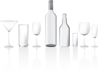 Different shape and sizes of empty glasses and bottles, vector illustration clipart