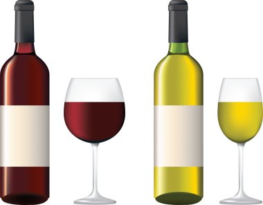 Bottles and glass of red and white wine clipart