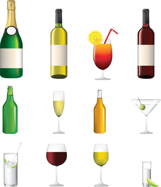 Víno Šampaňské Šortky Koktejly Vektorové Ilustrace Alkoholických Nápojů — Stockový vektor