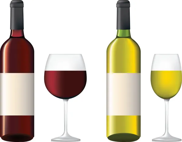 Bottles and glass of red and white wine — Stock Vector