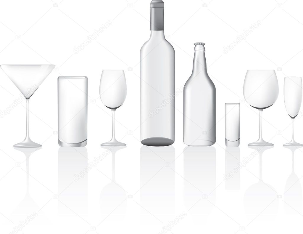 Different shape and sizes of empty glasses and bottles, vector illustration