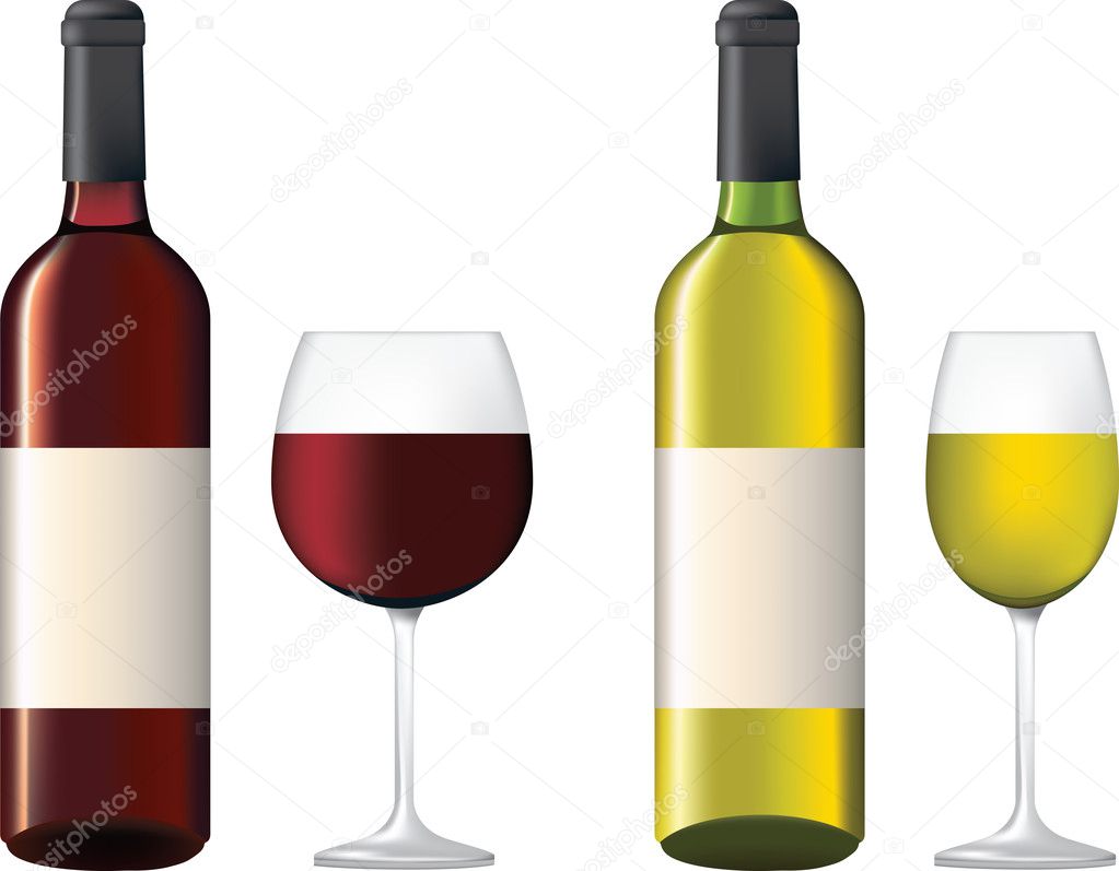 Bottles and glass of red and white wine