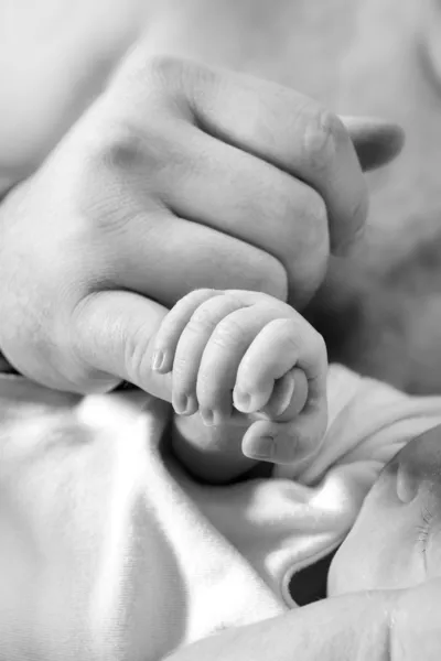 Baby grijpen vaders vinger — Stockfoto