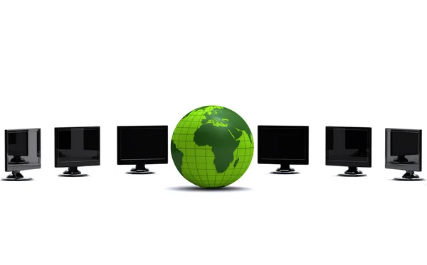 Green globe and lcd monitors — Stock Photo, Image