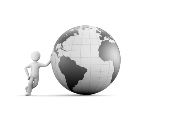 3d character with grey globe — Stock Photo, Image