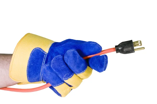 Gloved Hand Holding Male End Power Cord Isolated Clipping Path — Stock Photo, Image