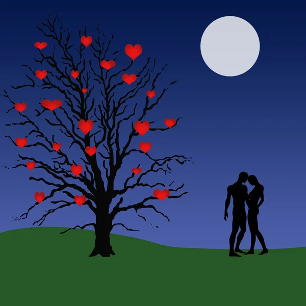 点灯して空にそれとカップルに立って 月の下で果実のための心を持つツリーの図 — ストック写真