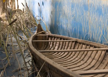Vintage canoe in an outdoor scene among reed grass clipart