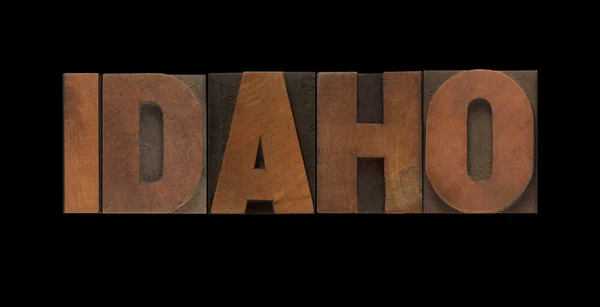 Mot Idaho Dans Vieux Type Bois Typographie — Photo