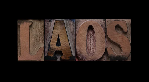 Słowo Laos Stare Druki Drewna Typu — Zdjęcie stockowe