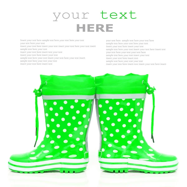 Groene Rubberen Laarzen Voor Kinderen Geïsoleerd Een Witte Achtergrond Met — Stockfoto