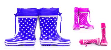 Collage of colorful rubber boots for kids isolated on white background clipart