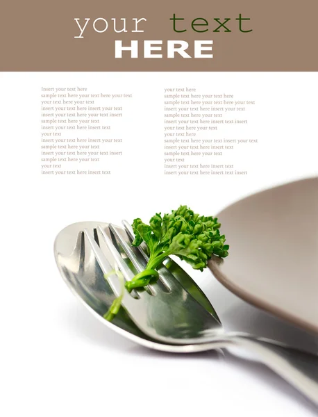 Parsley Fork Spoon Isolated White Background Sample Text — Stock Photo, Image
