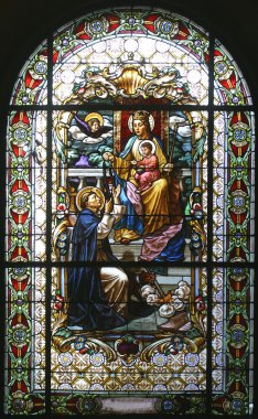 Virgin Mary with baby Jesus and saint Dominic, stained glass clipart