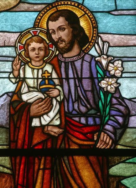 Saint Joseph Hålla Barnet Jesus Målat Glas — Stockfoto