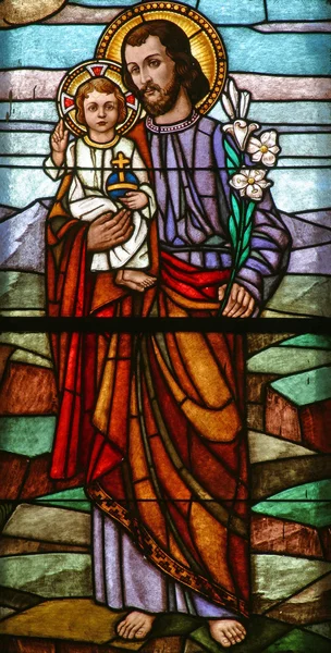 Saint Joseph Tilalla Vauva Jeesus Lasimaalauksia — kuvapankkivalokuva