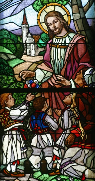 Jezus Vriend Van Mijn Lieve Kinderen Gekleurd Glas — Stockfoto