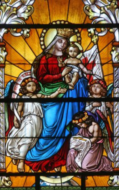 Virgin Mary with baby Jesus and angels, stained glass clipart