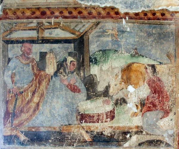 Cena da Natividade, pinturas ao ar livre na igreja velha — Fotografia de Stock