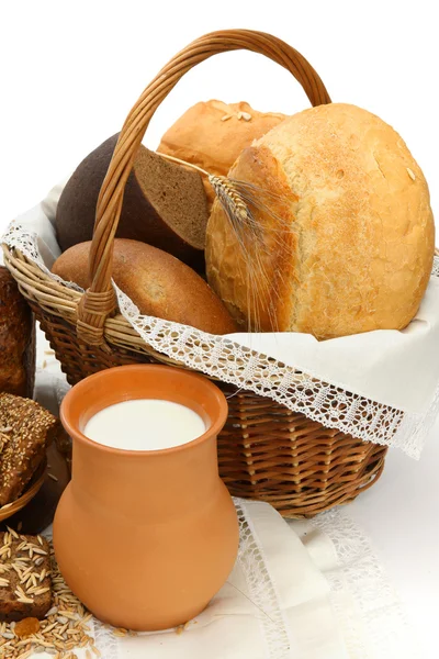 Different bread products with milk — Stock Photo, Image