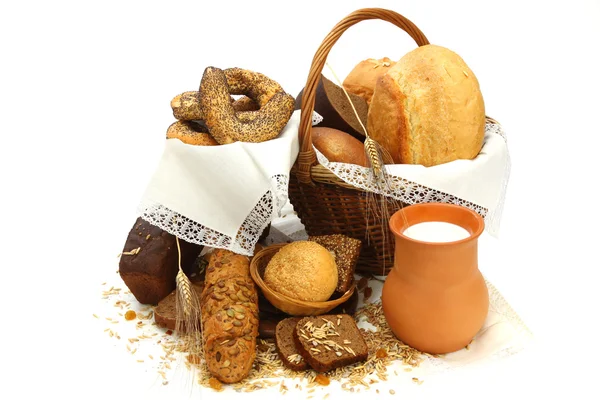 Bread products and milk — Stock Photo, Image