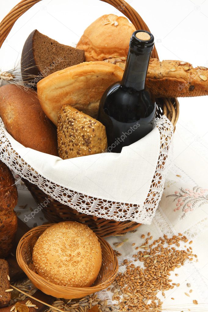 Bread products and wine in basket