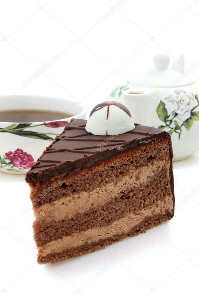 Chocolate cake and tea