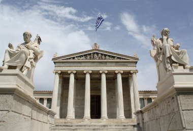 Neoclassical Academy of Athens in Greece with statues of ancient Greek philosopers Plato (left) and Socrates (right). Goddess Athena and god Apollo behind. clipart