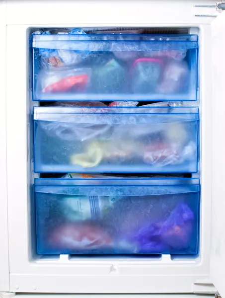 Vista Del Interior Congelador Lleno Varios Alimentos Congelados — Foto de Stock