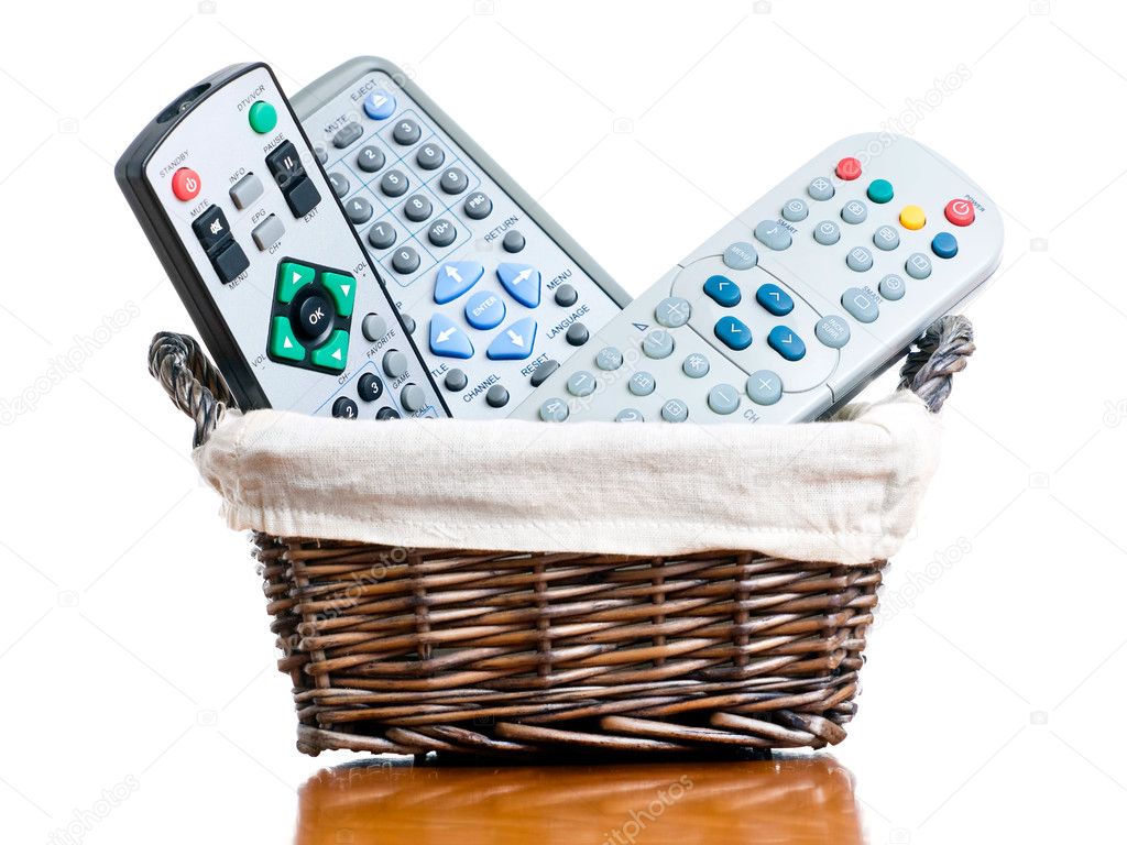 Small basket full of several various TV remote controllers....