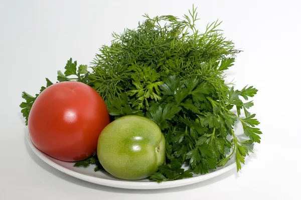 Tomatos and fresh herbs — Stock Photo, Image