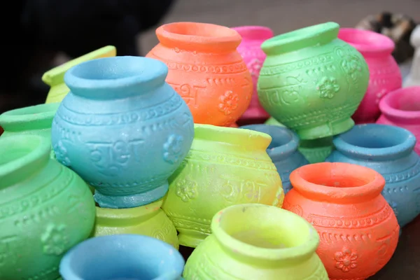 Conjunto Vasos Coloridos Com Design Religioso Tradicional Para Festival Diwali — Fotografia de Stock