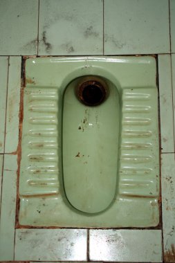 Kirli bir Hint tuvalet yeşil çinilerle tarz.