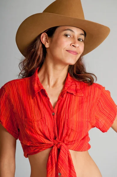 stock image Pretty brunette with happy smile and cowboy hat