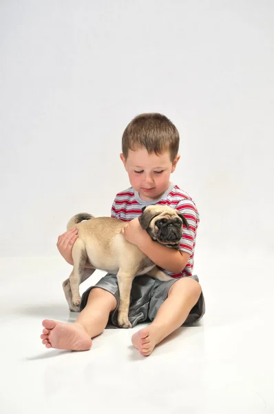 Menino segurando um Pug — Fotografia de Stock