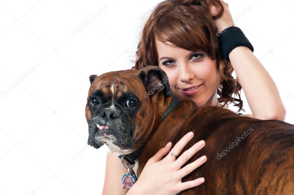 Pretty brunette with he pet Boxer