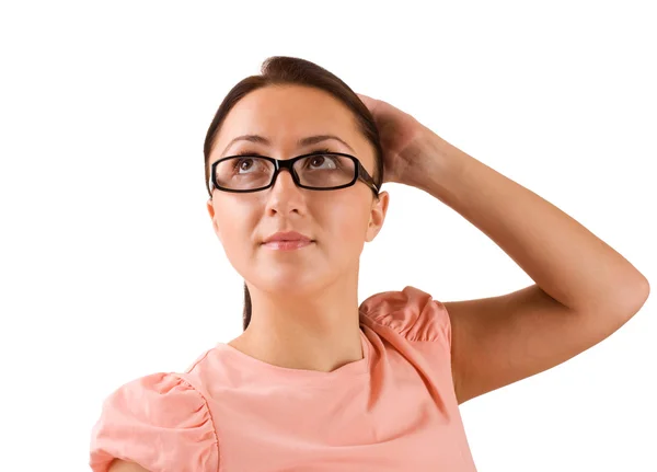 Frau mit Brille schaut auf — Stockfoto