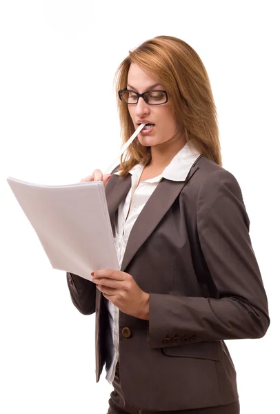 Business Woman Holding Papers Pencil — Stock Photo, Image