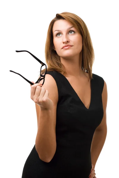 Business woman holding glasögon — Stockfoto