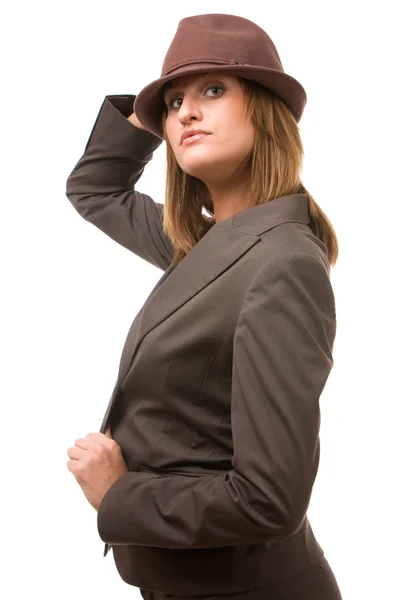 Young Woman Holding Hat Looking You — Stock Photo, Image