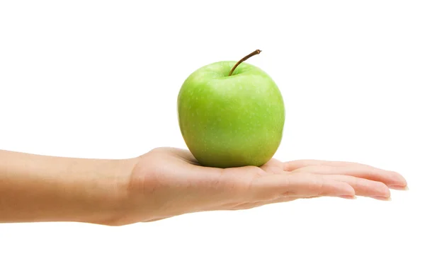 Kvinnans Hand Innehav Grönt Äpple — Stockfoto